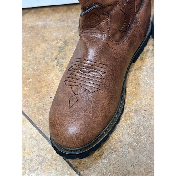 Mens Brown Fashion Western Boots Classic Embroidered Pull On Slip Resistant Cowb - Picture 5 of 9